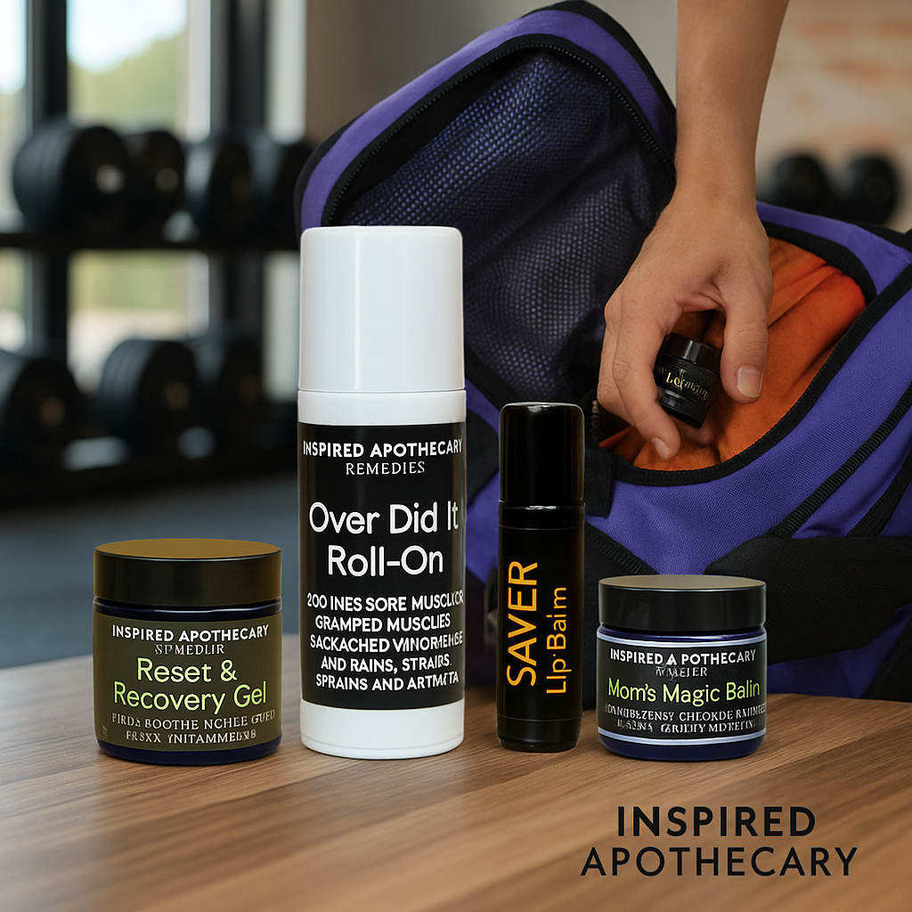 Collection of Inspired Apothecary products on a table with a blurred gym background.
